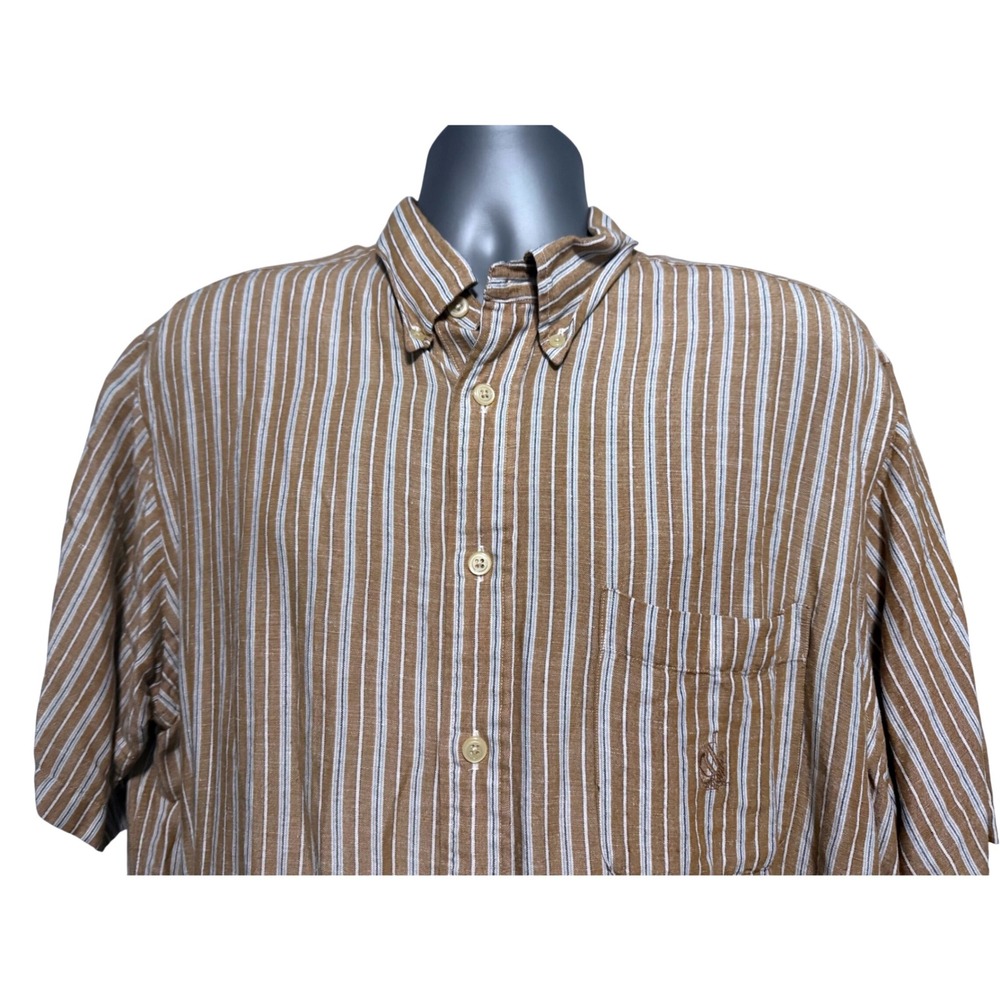 Nautica Mens XL‎ Brown White Striped Linen Blend Short Sleeve Button Down Shirt - Picture 4 of 8